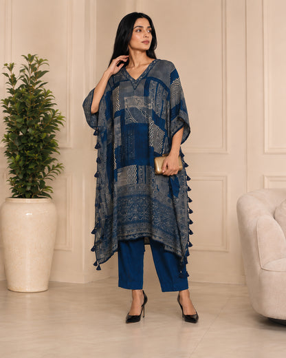 Indigo Blue Printed Modal Muslin Kaftan Top with Straight Pants Set