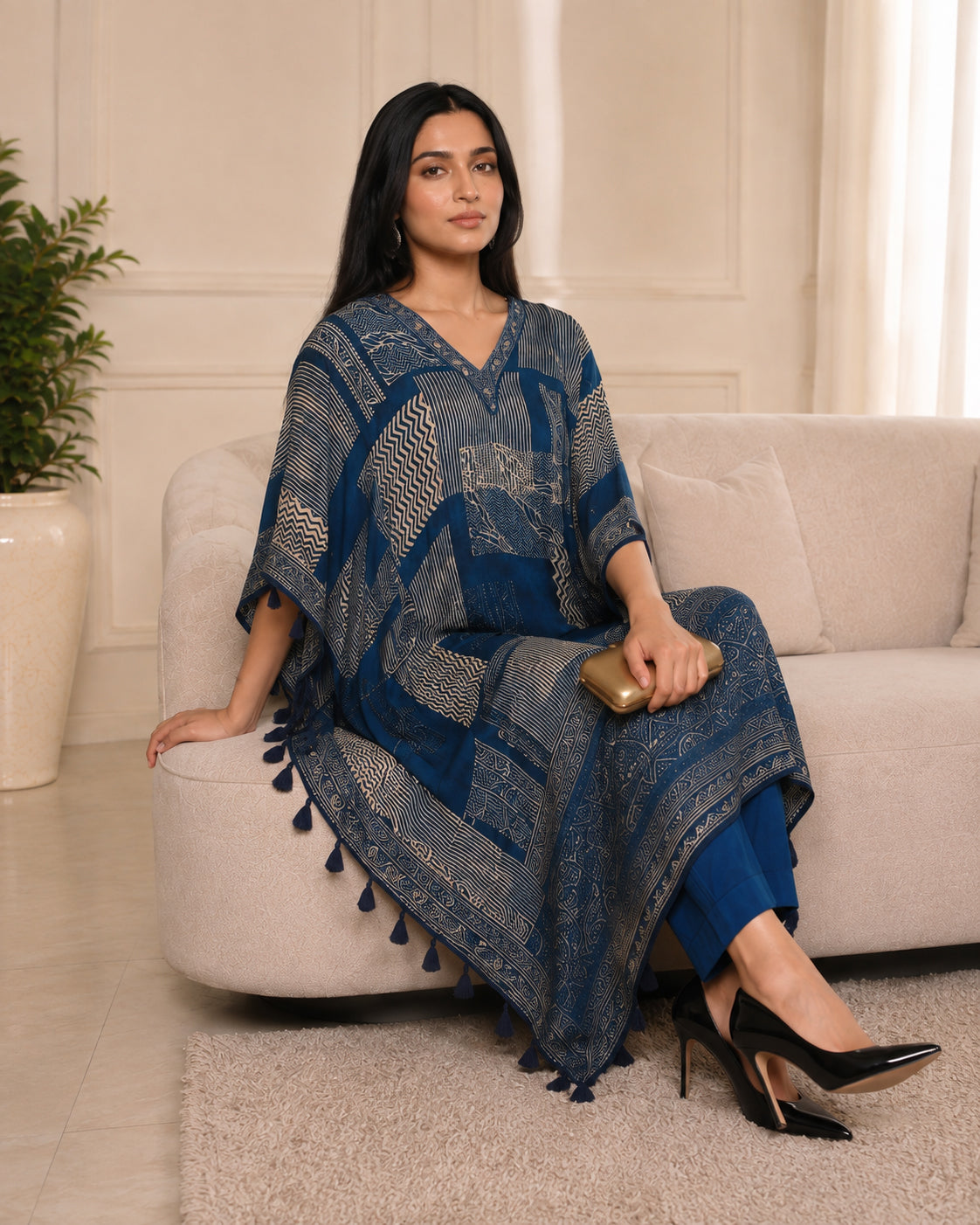 Indigo Blue Printed Modal Muslin Kaftan Top with Straight Pants Set