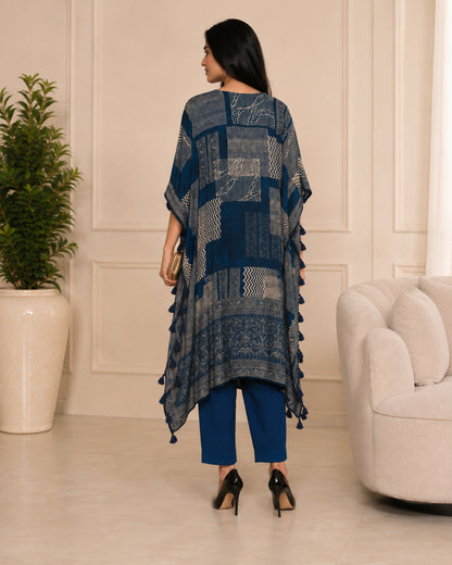 Indigo Blue Printed Modal Muslin Kaftan Top with Straight Pants Set