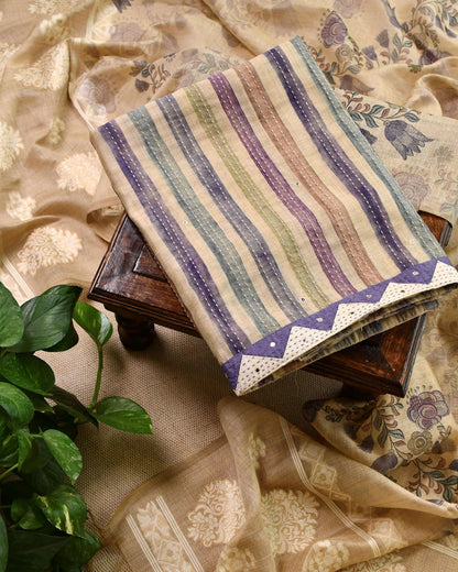 Chanderi Silk Hand Kantha Work Unstitched Suit Material with Jamdani Weave Dupatta