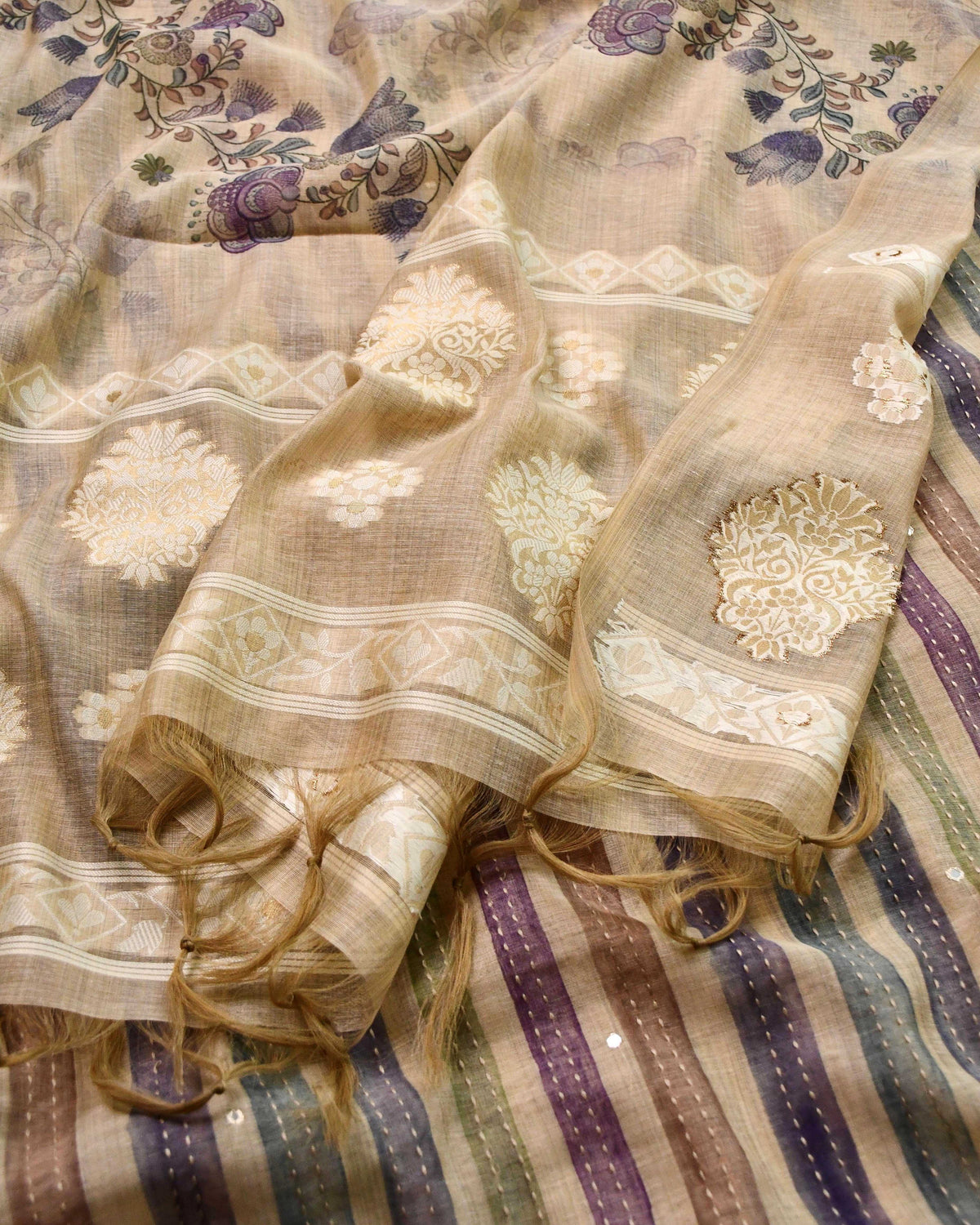 Chanderi Silk Hand Kantha Work Unstitched Suit Material with Jamdani Weave Dupatta