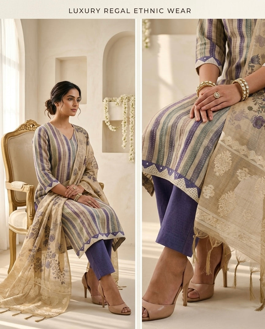 Chanderi Silk Hand Kantha Work Unstitched Suit Material with Jamdani Weave Dupatta