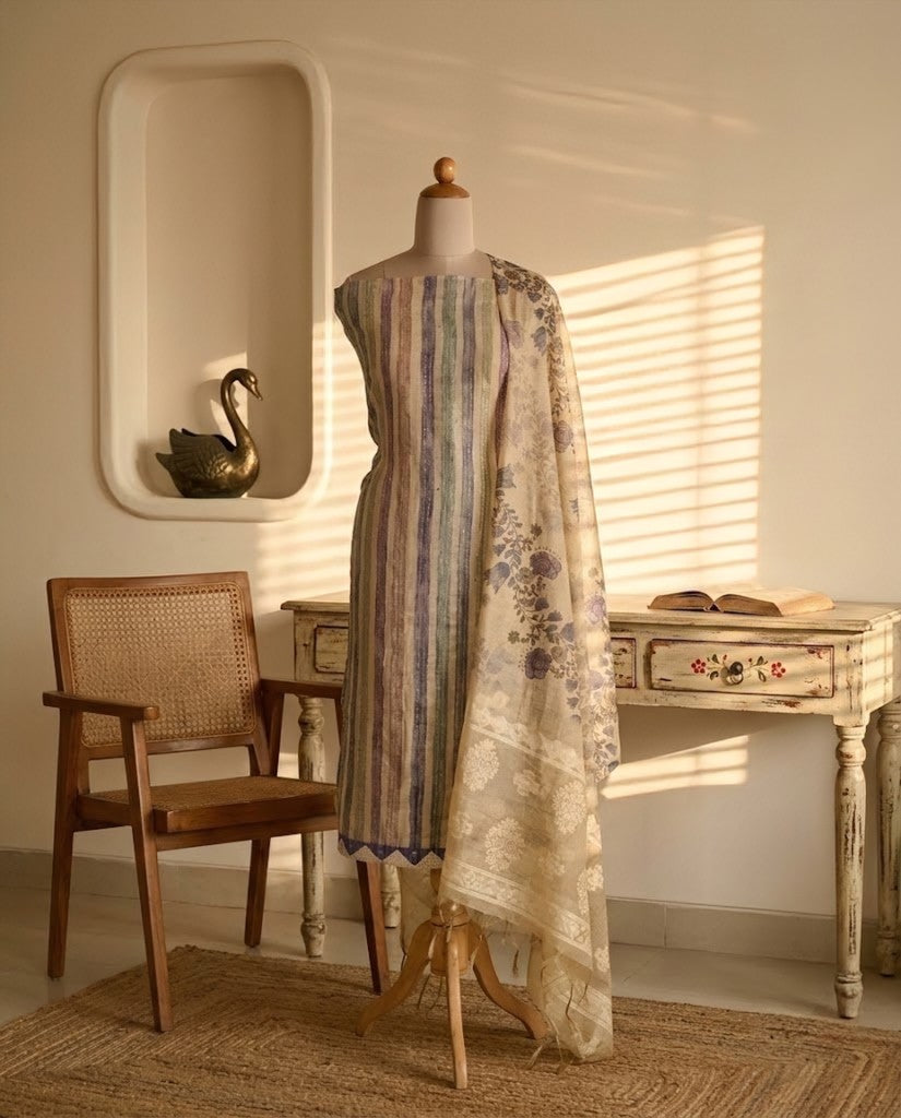 Chanderi Silk Hand Kantha Work Unstitched Suit Material with Jamdani Weave Dupatta