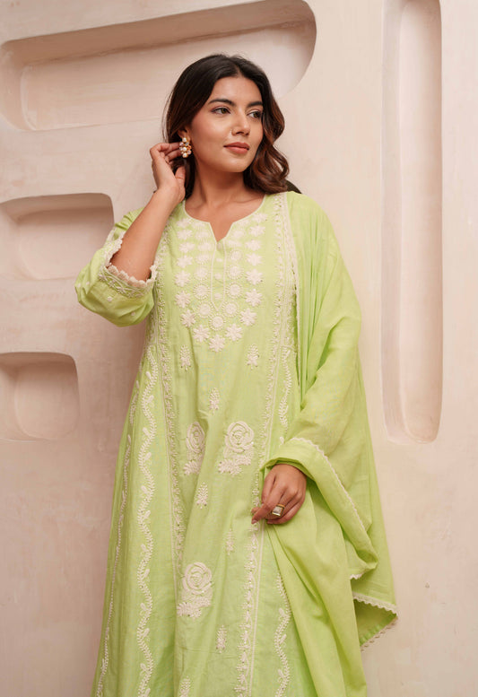 Chikankari Stitched Kurta Pants Suit Set With Dupatta - Set Of 3