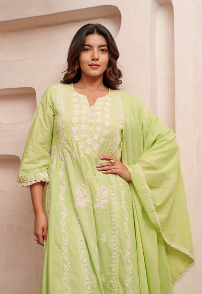 Chikankari Stitched Kurta Pants Suit Set With Dupatta - Set Of 3