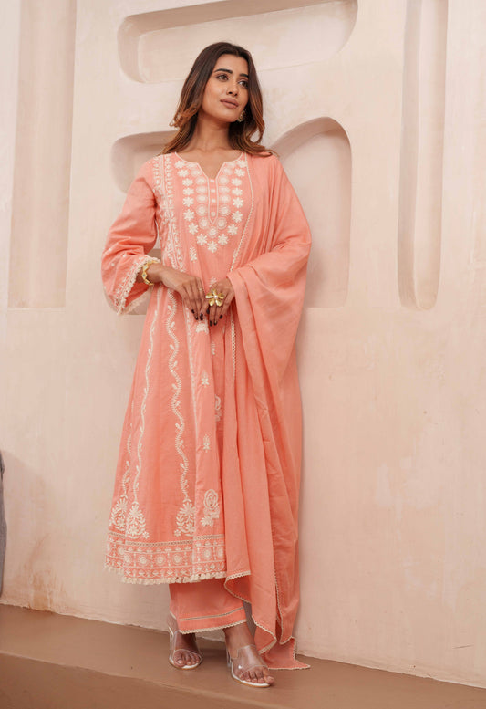 Chikankari Stitched Kurta Pants Suit Set With Dupatta - Set Of 3