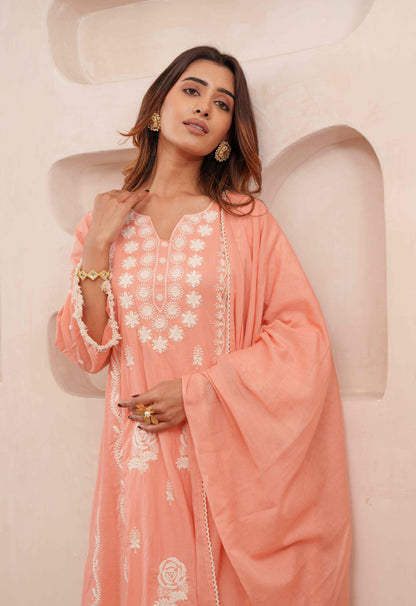 Chikankari Stitched Kurta Pants Suit Set With Dupatta - Set Of 3