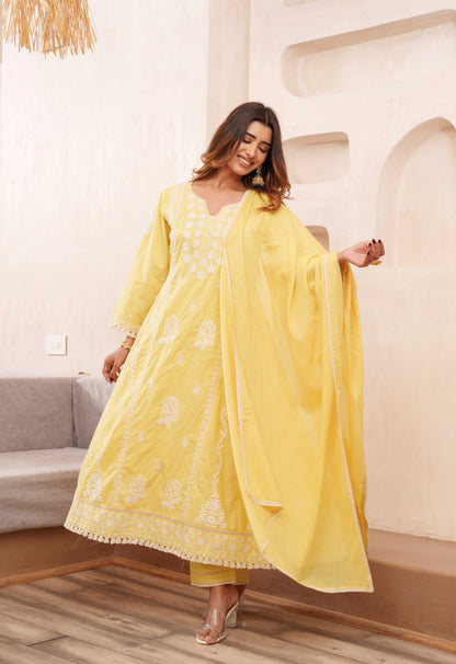 Chikankari Stitched Kurta Pants Suit Set With Dupatta - Set Of 3