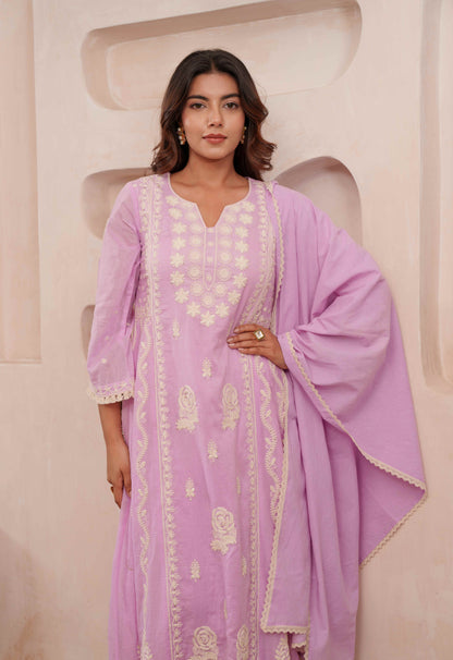 Chikankari Stitched Kurta Pants Suit Set With Dupatta - Set Of 3