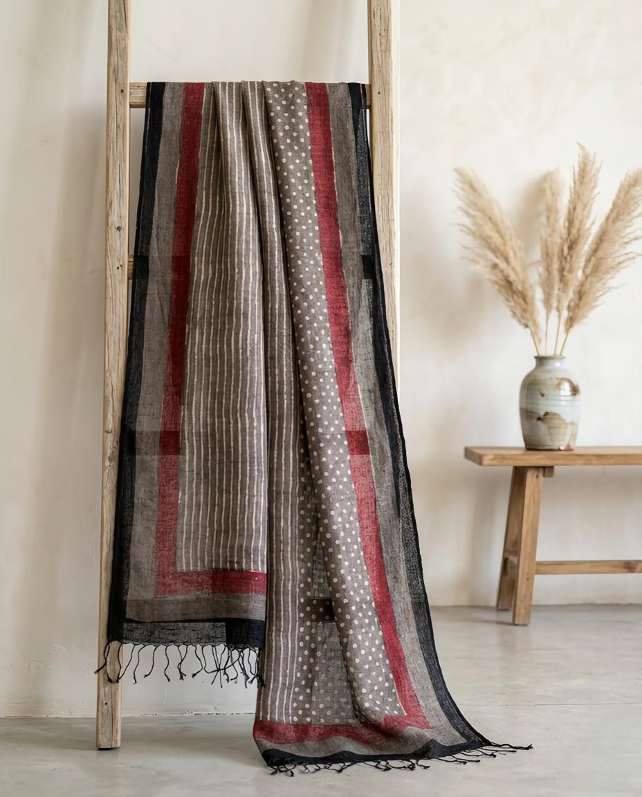 Artisan Hand-Block Printed Pure Linen Dupatta | Contemporary Minimalist Ethnic Wrap