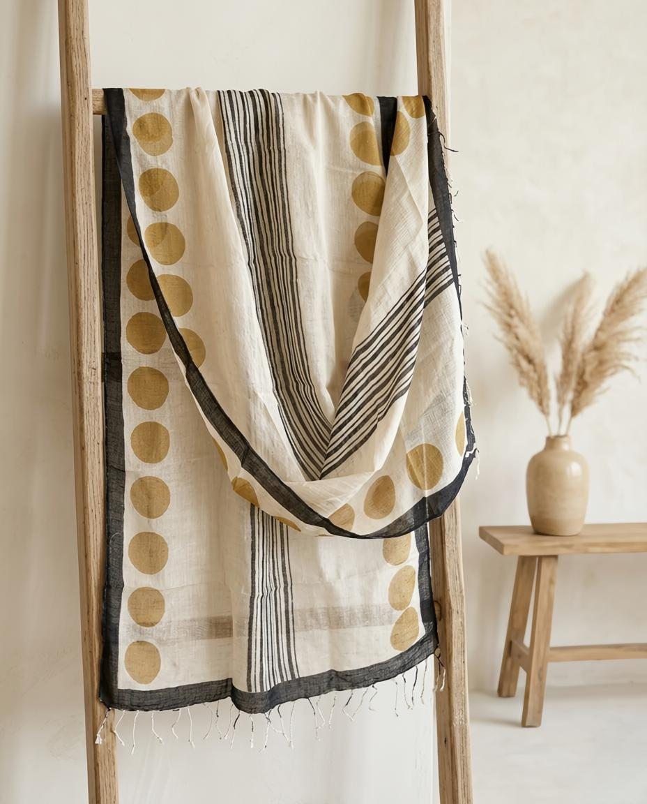 Artisan Hand-Block Printed Pure Linen Dupatta | Contemporary Minimalist Ethnic Wrap