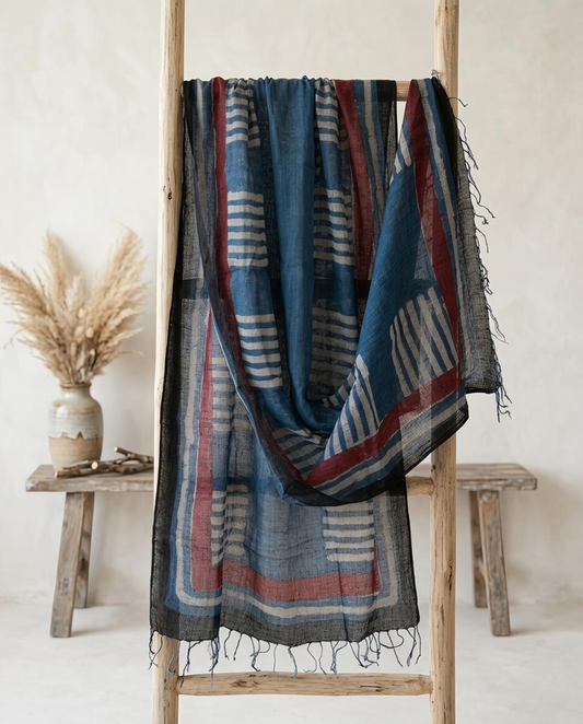 Artisan Hand-Block Printed Pure Linen Dupatta | Contemporary Minimalist Ethnic Wrap
