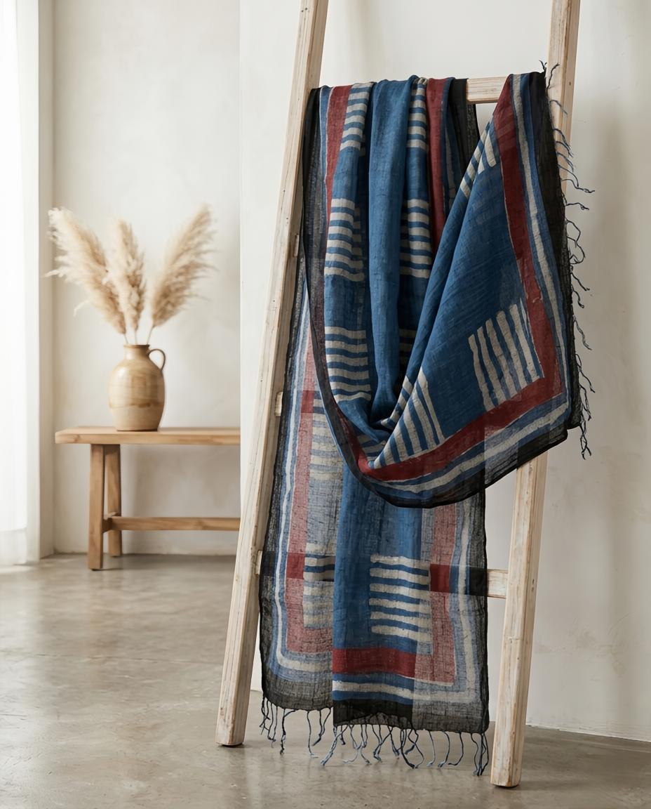 Artisan Hand-Block Printed Pure Linen Dupatta | Contemporary Minimalist Ethnic Wrap