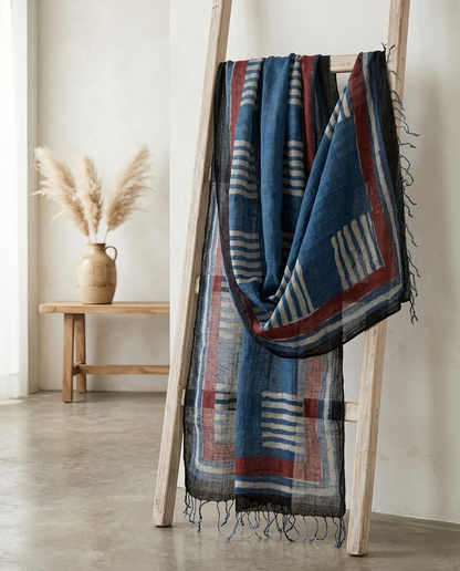 Artisan Hand-Block Printed Pure Linen Dupatta | Contemporary Minimalist Ethnic Wrap