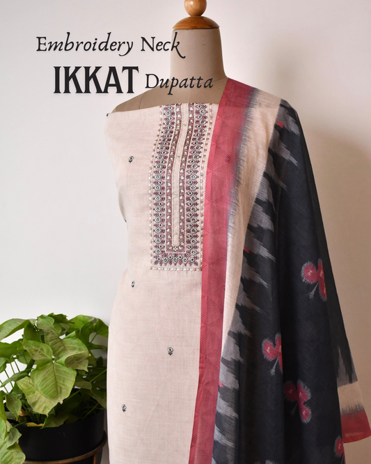 Linen Unstitched Suit Set with Embroidery & Ikkat inspired Dupatta