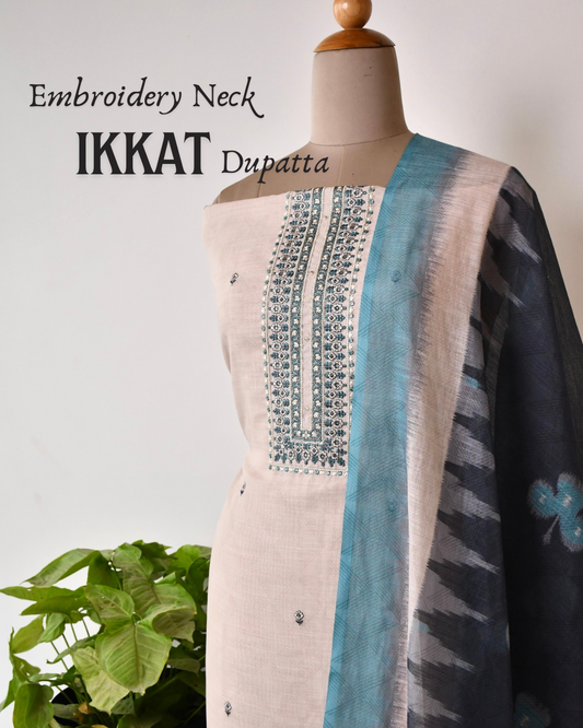 Linen Unstitched Suit Set with Embroidery & Ikkat inspired Dupatta