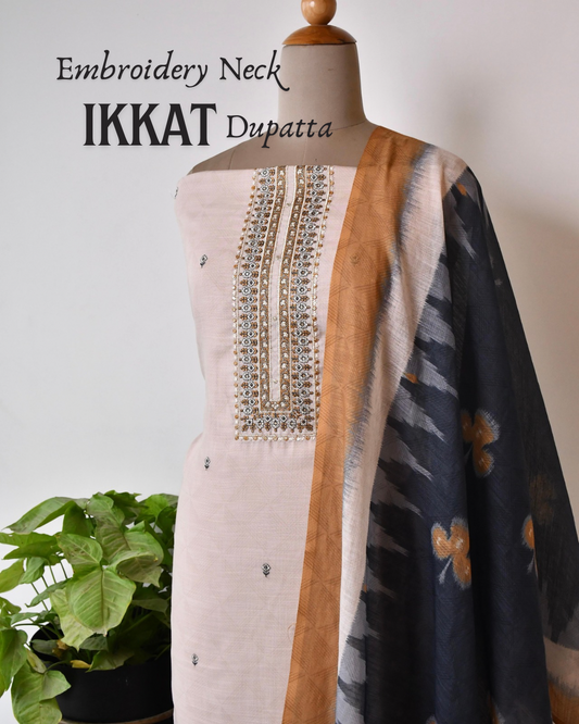 Linen Unstitched Suit Set with Embroidery & Ikkat inspired Dupatta