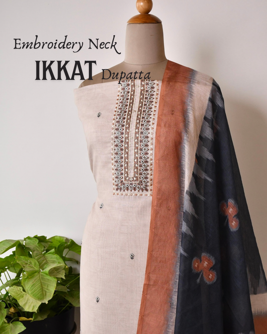 Linen Unstitched Suit Set with Embroidery & Ikkat inspired Dupatta