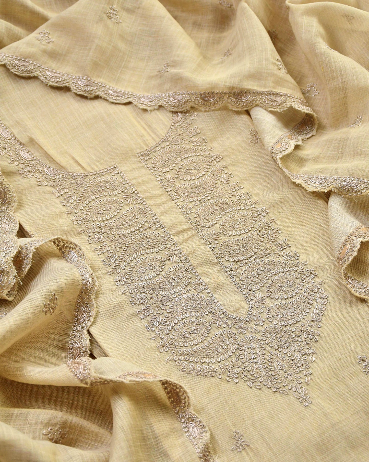 Linen Silk Embroidered Unstitched Suit