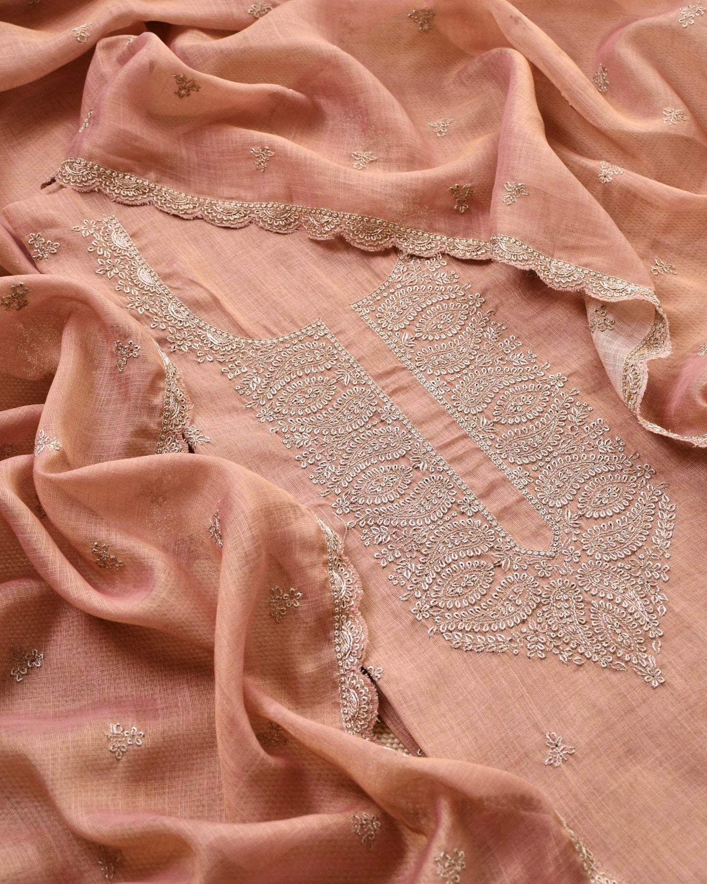 Linen Silk Embroidered Unstitched Suit