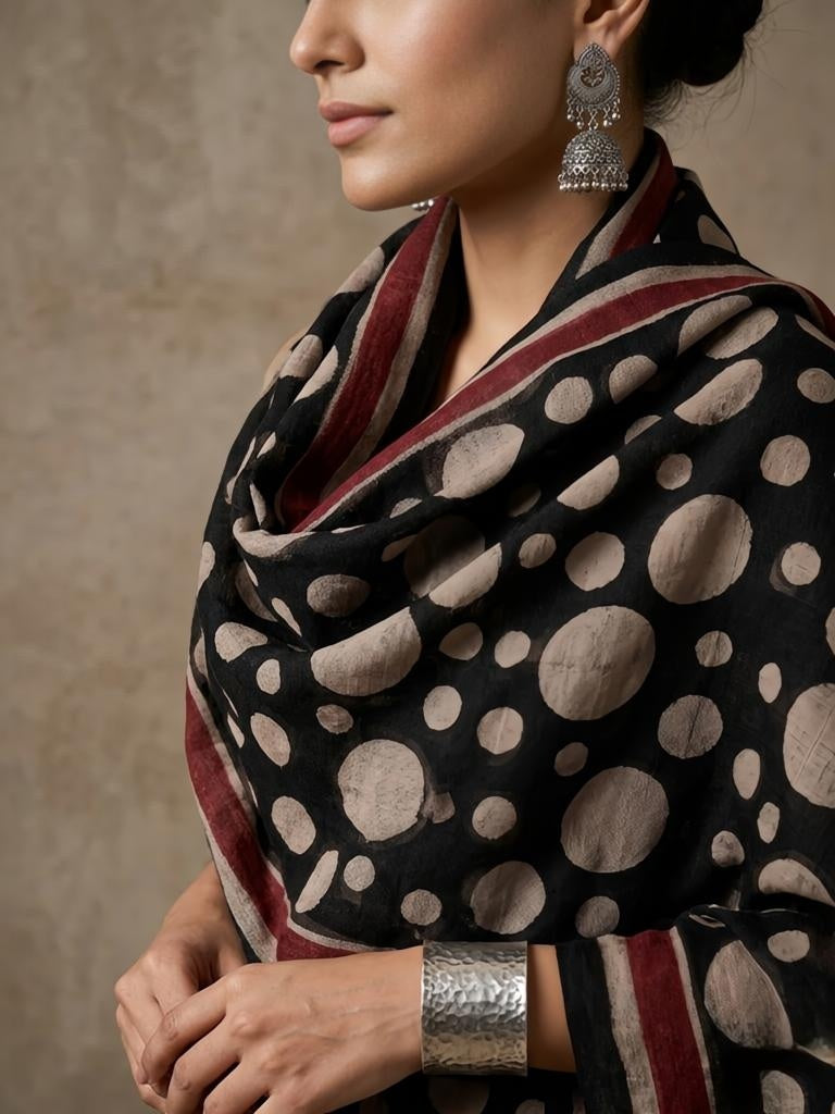Hand-Block Printed Pure Linen Stole - Black & Beige Polka Dot with Madder Red Border