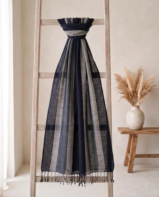 Sustainable Luxury Linen Wrap - Midnight Blue Striped Lightweight Summer Stole