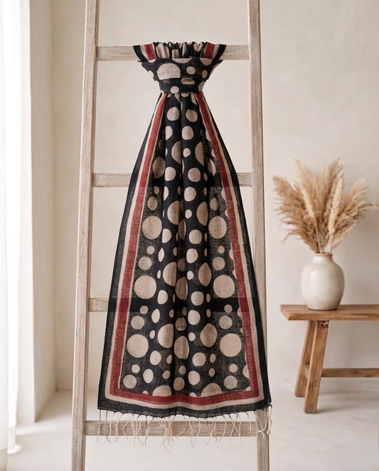 Hand-Block Printed Pure Linen Stole - Black & Beige Polka Dot with Madder Red Border