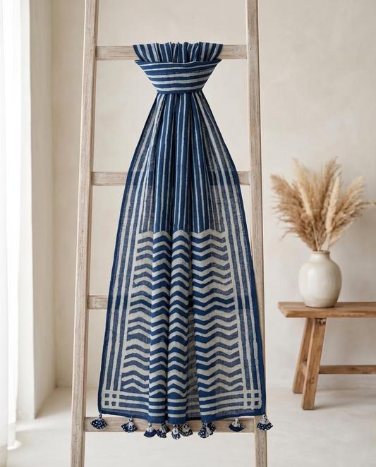Indigo Blue Hand Block Printed Cotton Stole - Artisan Dabu Print Scarf with Tassels