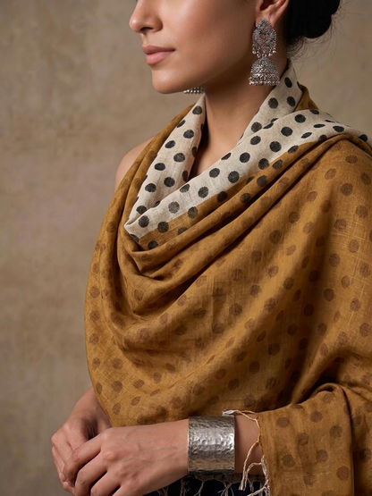 Hand-Block  Mustard & Cream Linen Stole – Dual-Tone Polka Dot Summer Stole with Tassels