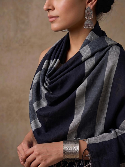 Sustainable Luxury Linen Wrap - Midnight Blue Striped Lightweight Summer Stole