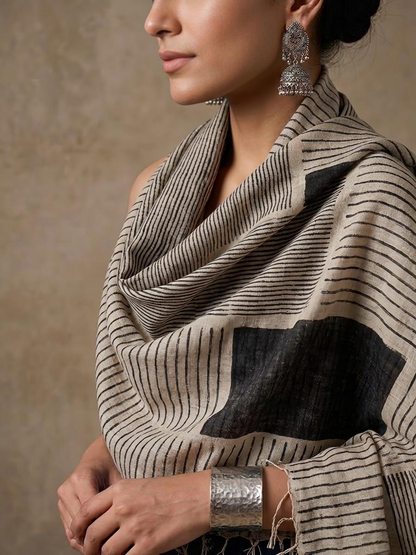 Hand-Block Printed Pure Linen Stole | Monochrome Geometric Stripes & Block Wrap