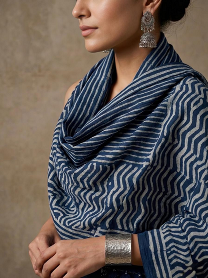 Indigo Blue Hand Block Printed Cotton Stole - Artisan Dabu Print Scarf with Tassels