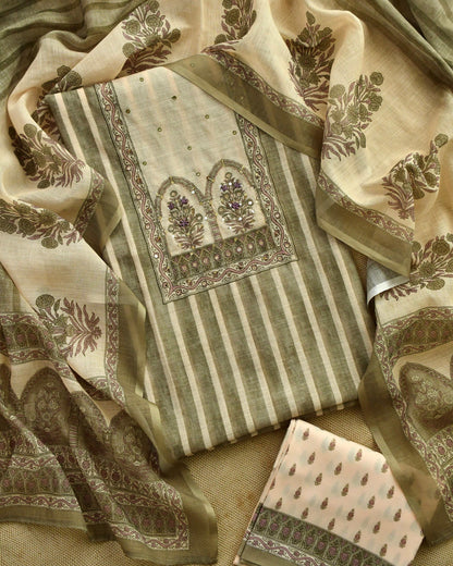 Linen Unstitched Suit Set with Embroidered Yoke & Floral Dupatta