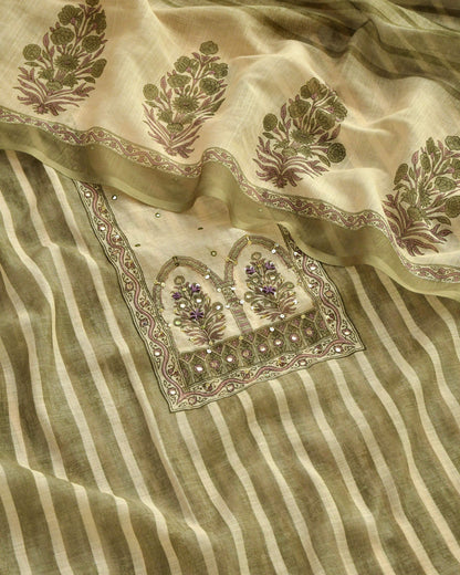 Linen Unstitched Suit Set with Embroidered Yoke & Floral Dupatta