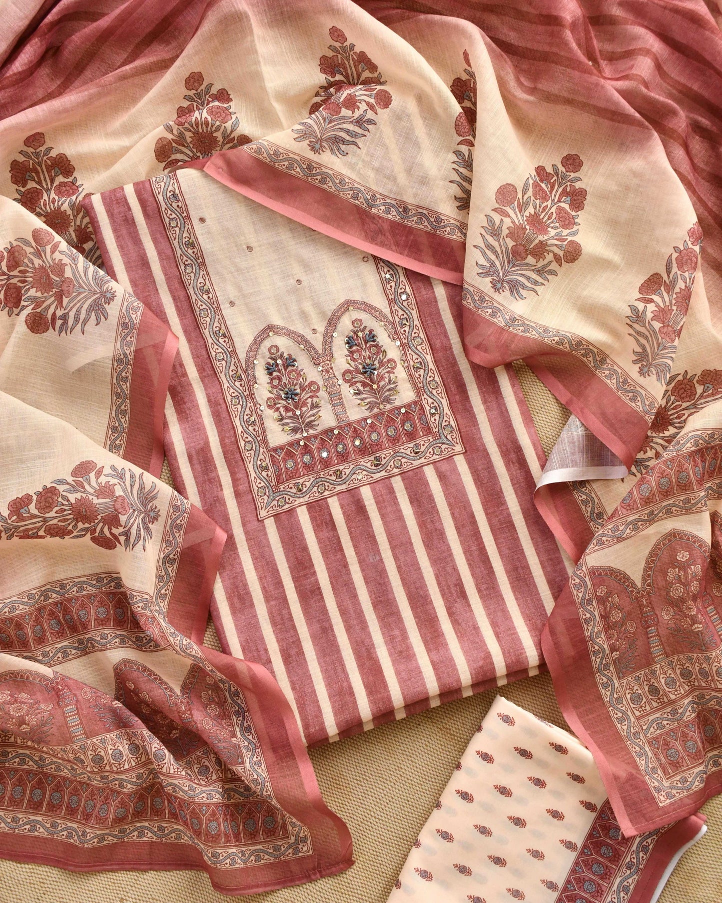 Linen Unstitched Suit Set with Embroidered Yoke & Floral Dupatta