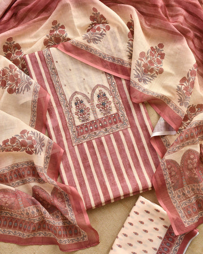 Linen Unstitched Suit Set with Embroidered Yoke & Floral Dupatta