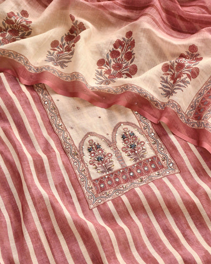Linen Unstitched Suit Set with Embroidered Yoke & Floral Dupatta