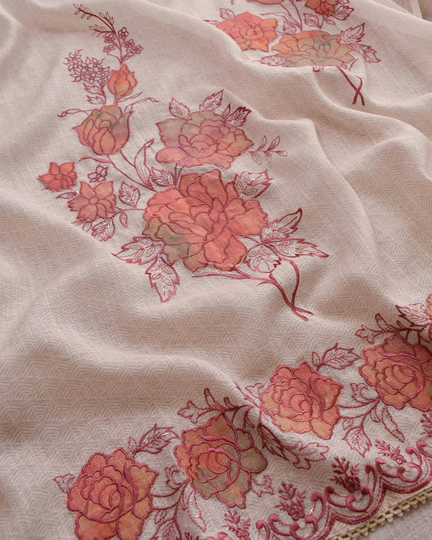 Premium Linen Unstitched Suit Set with Exquisite Applique Floral Work