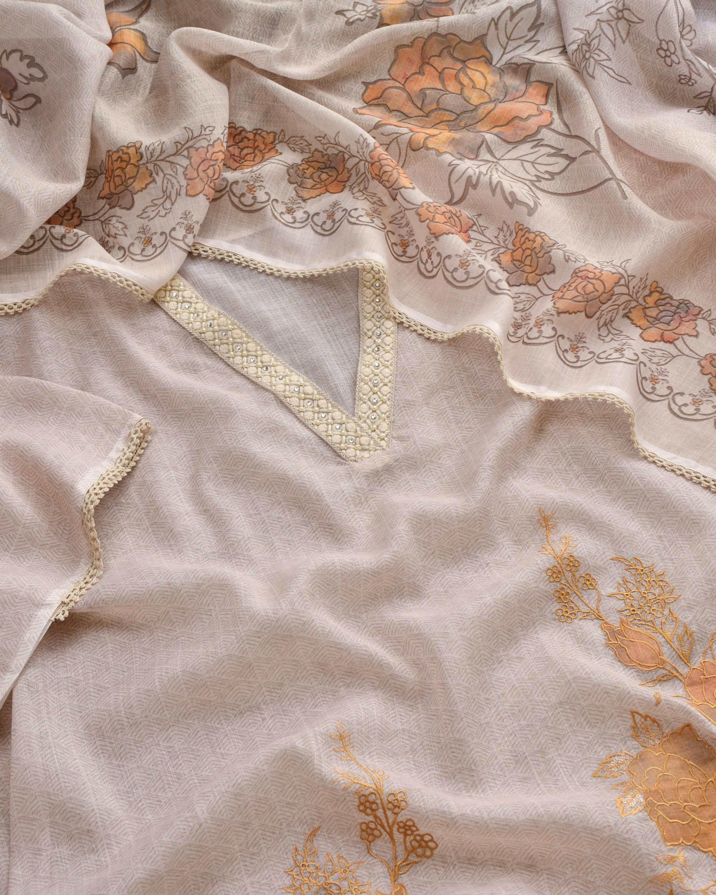 Premium Linen Unstitched Suit Set with Exquisite Applique Floral Work