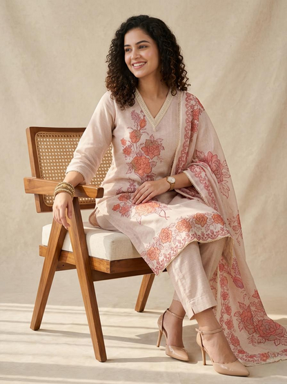 Premium Linen Unstitched Suit Set with Exquisite Applique Floral Work