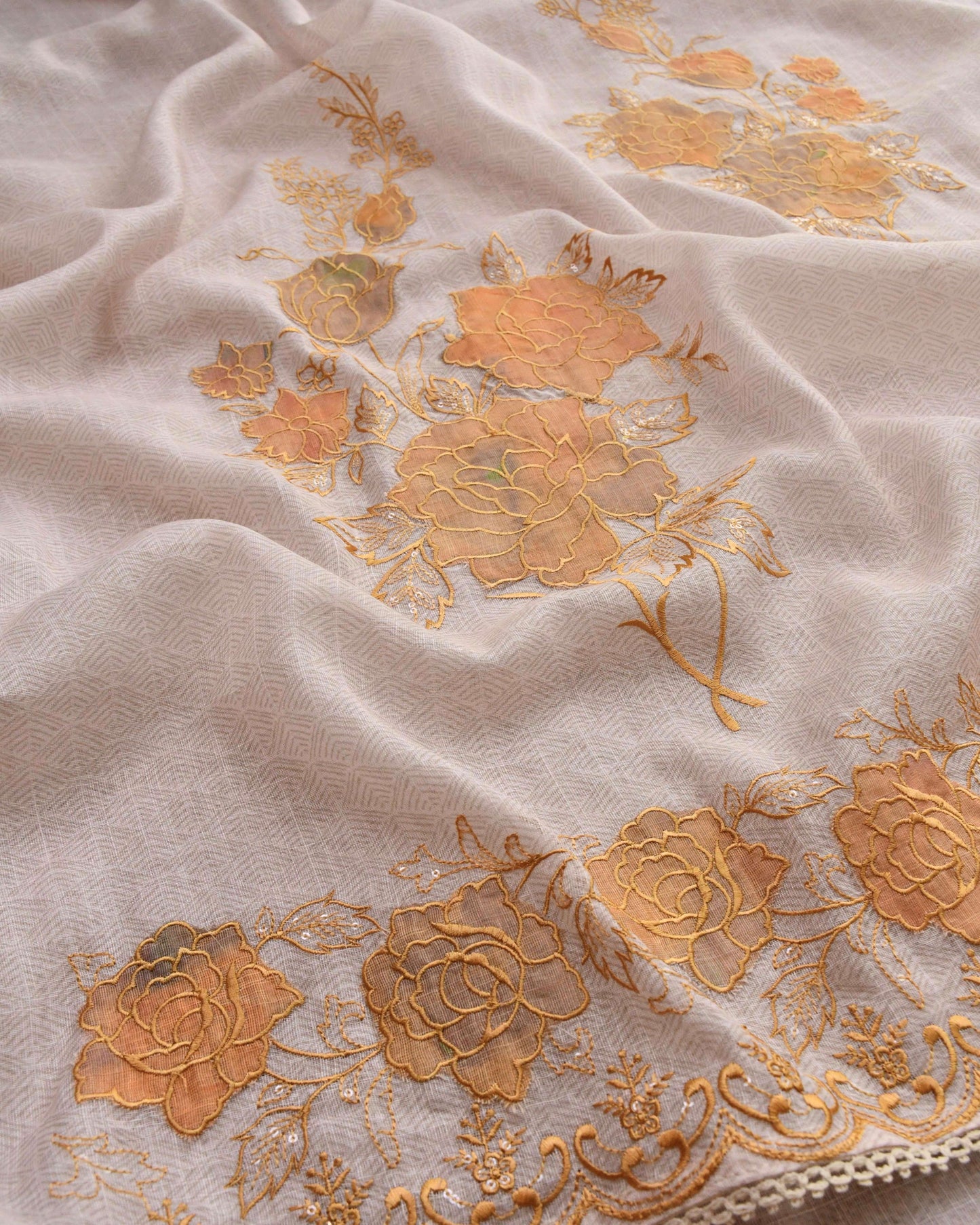 Premium Linen Unstitched Suit Set with Exquisite Applique Floral Work