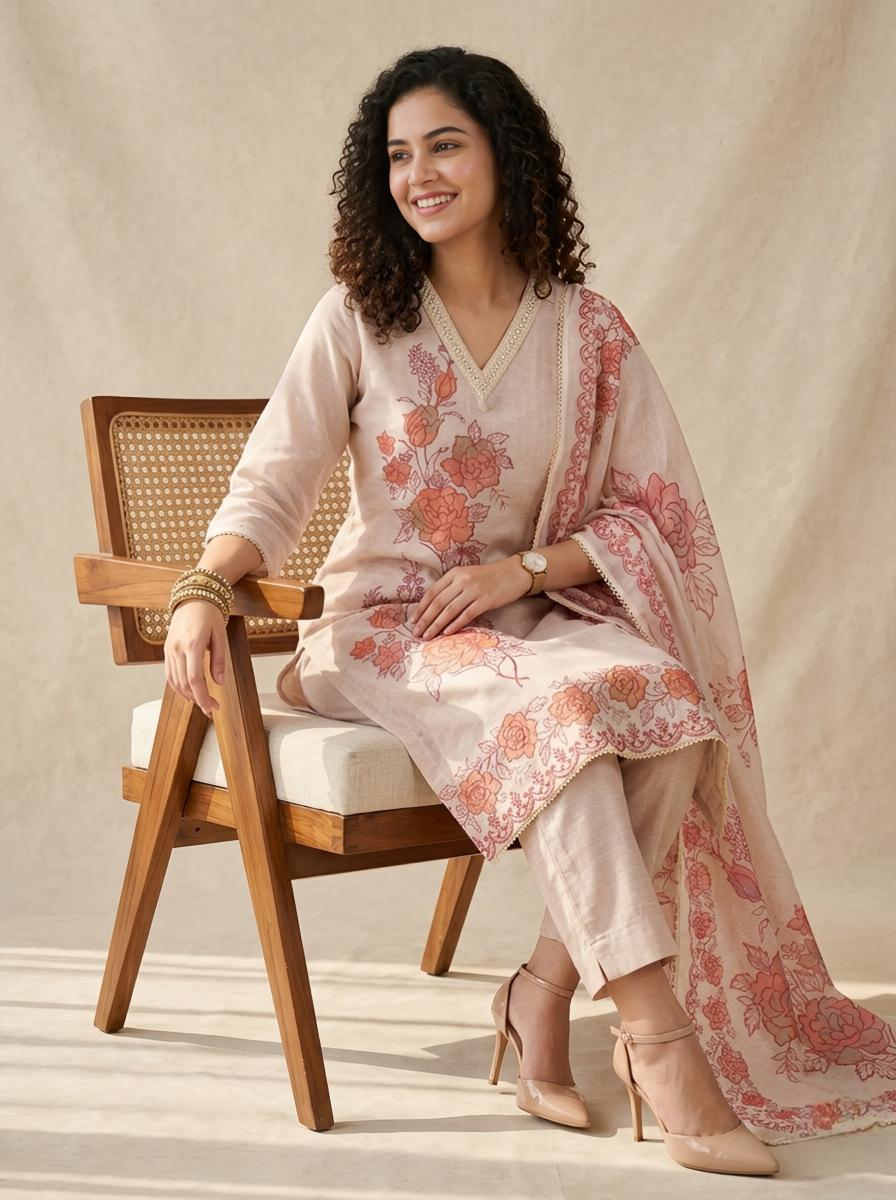 Premium Linen Unstitched Suit Set with Exquisite Applique Floral Work