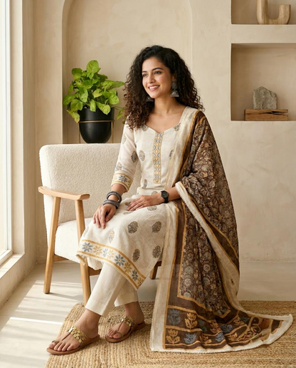 Premium Linen Unstitched Suit Material with Kantha Work Embroidery