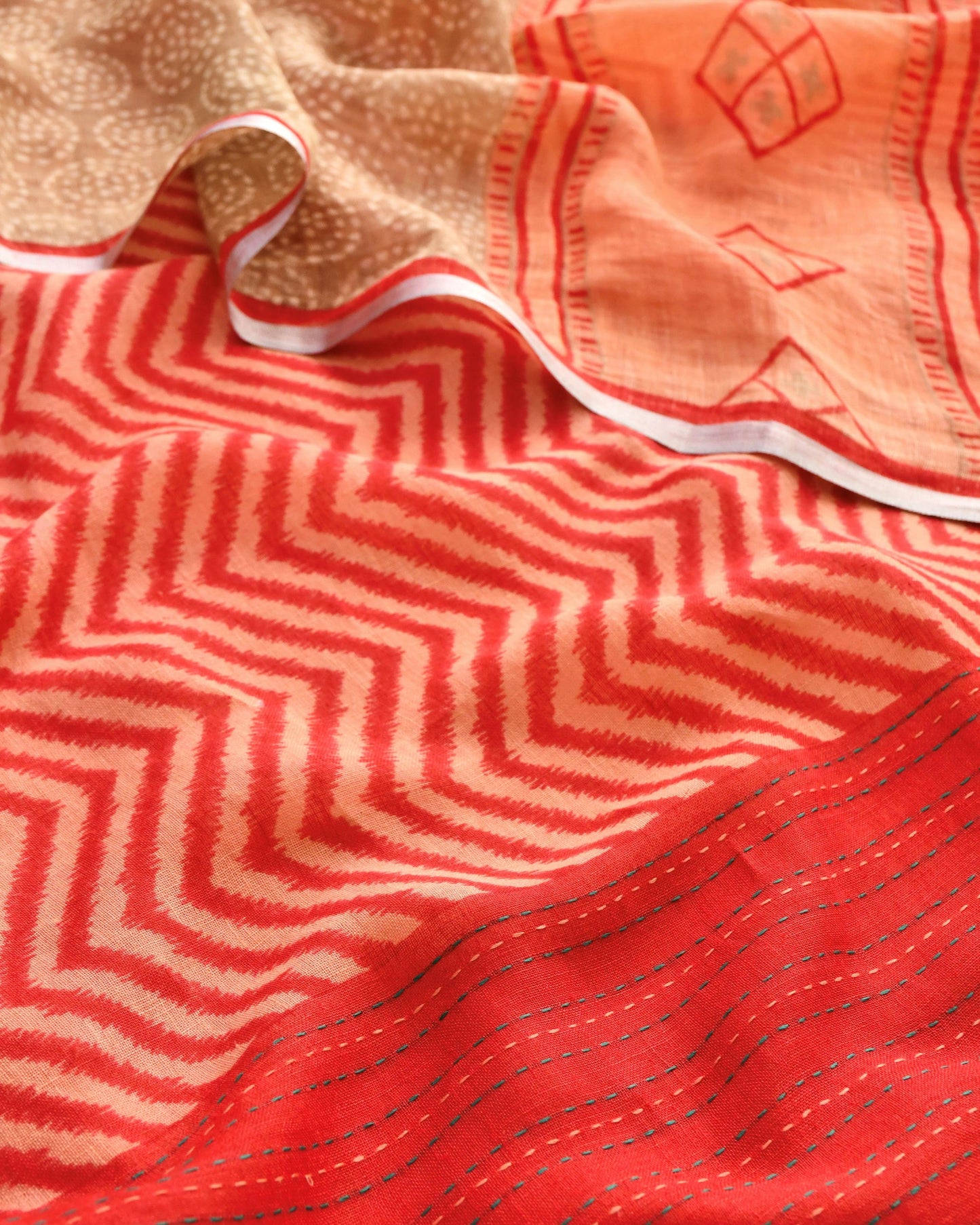 Pure Linen Unstitched Suit Set with Kantha Work Ghera
