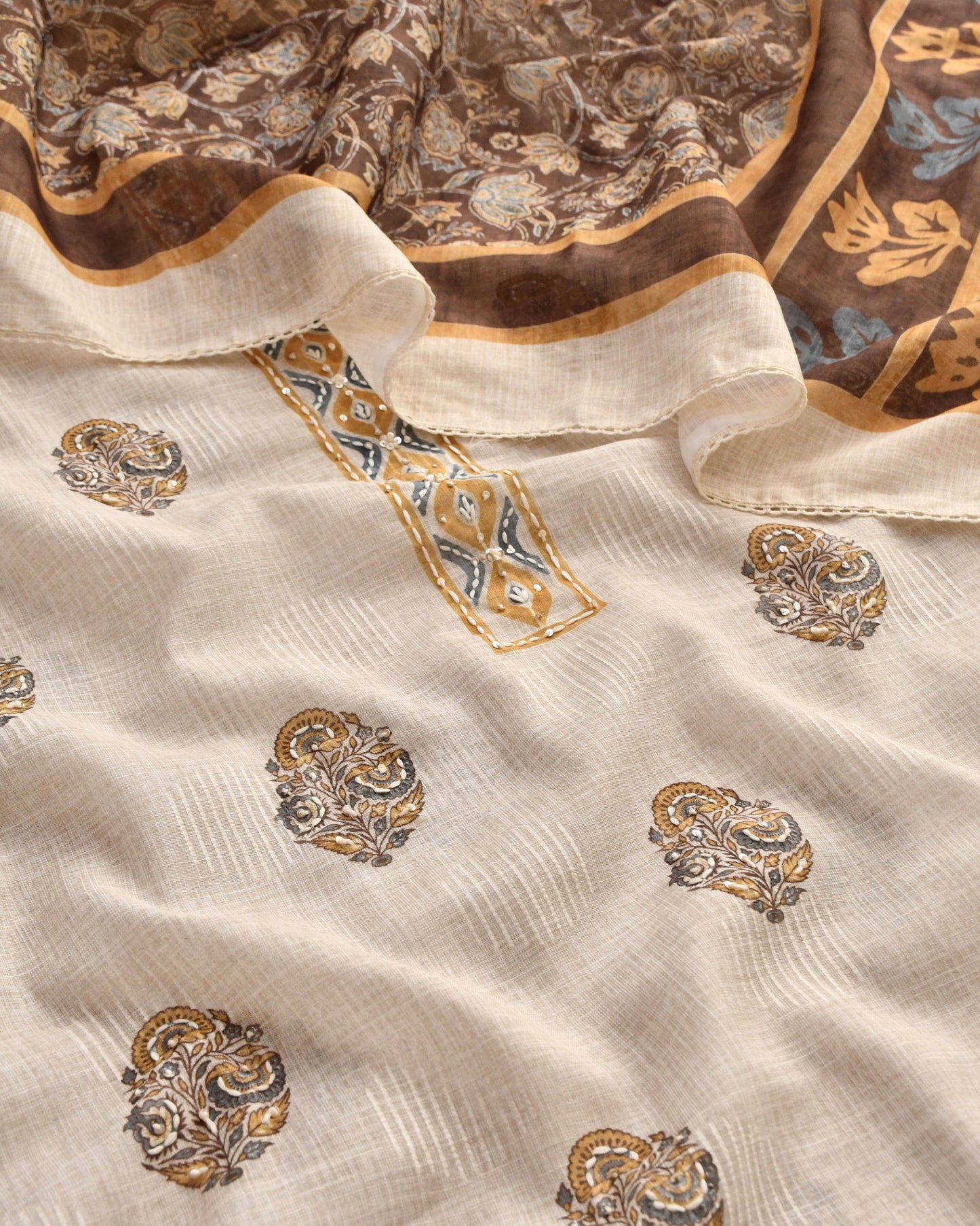 Premium Linen Unstitched Suit Material with Kantha Work Embroidery