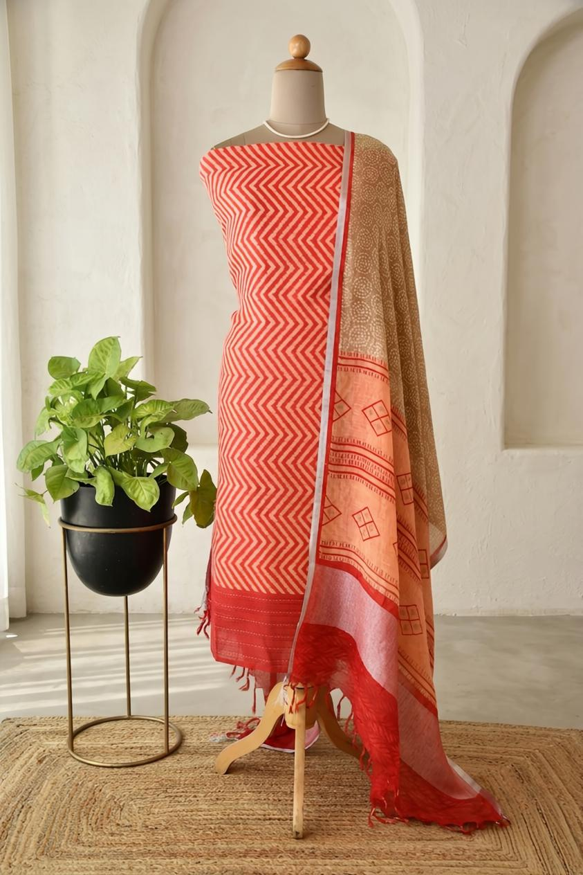Pure Linen Unstitched Suit Set with Kantha Work Ghera