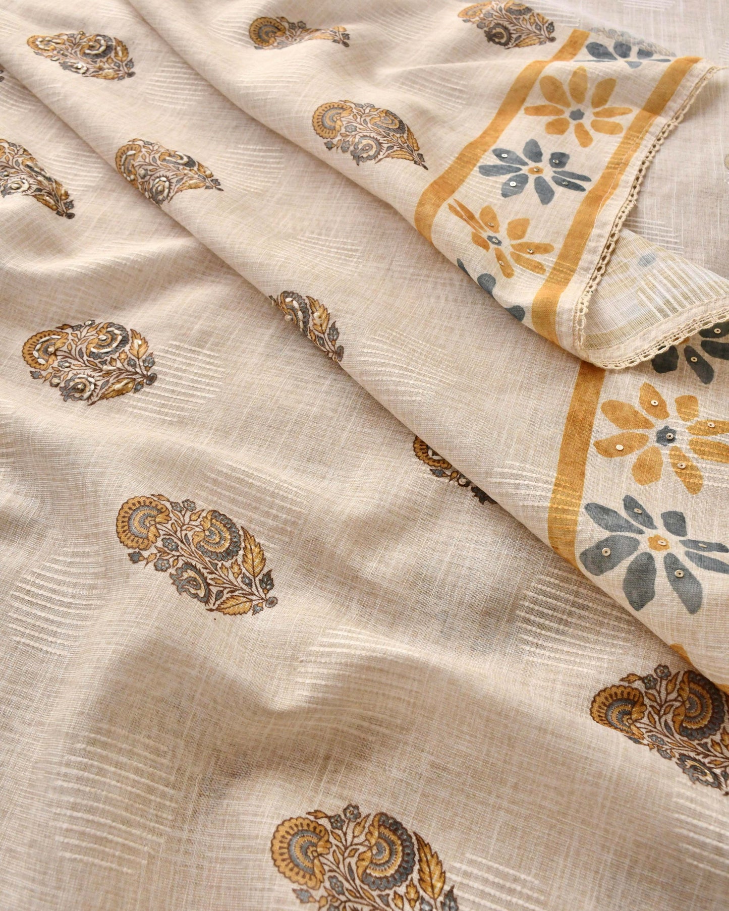 Premium Linen Unstitched Suit Material with Kantha Work Embroidery