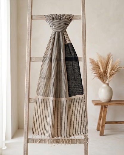 Hand-Block Printed Pure Linen Stole | Monochrome Geometric Stripes & Block Wrap