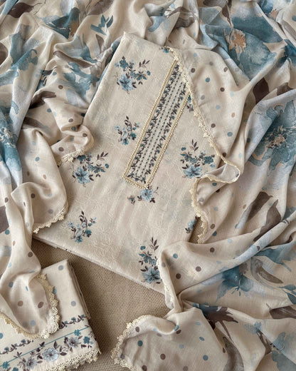 Premium Malai Chanderi Embroidered Unstitched Suit Set with Lace Work