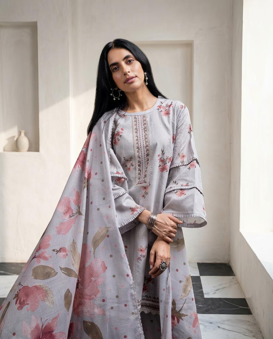Premium Malai Chanderi Embroidered Unstitched Suit Set with Lace Work